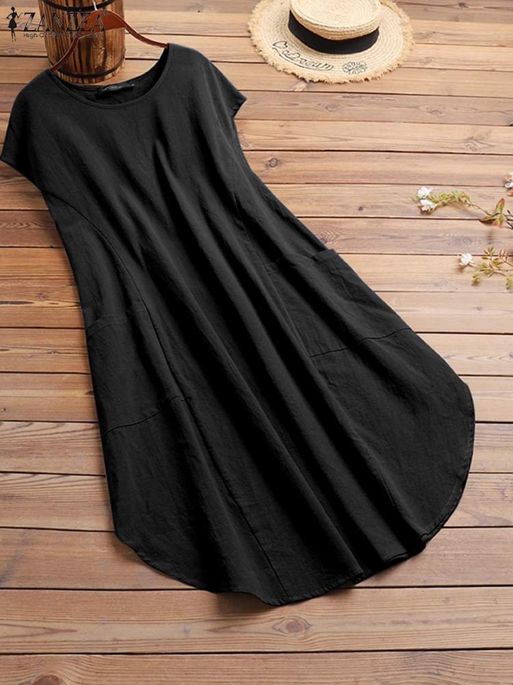 Summer Vintage Short Sleeve Solid Knee-length Dress ZANZEA Oversized Women Sundress Casual Loose Cotton Vestidos Beach Dresses