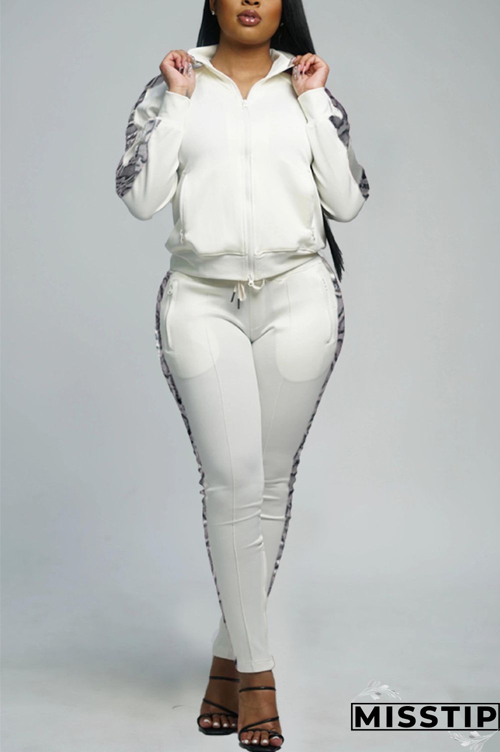 Light Blue Sportswear Solid Patchwork Zipper Collar Long Sleeve Regular Sleeve Regular Two Pieces