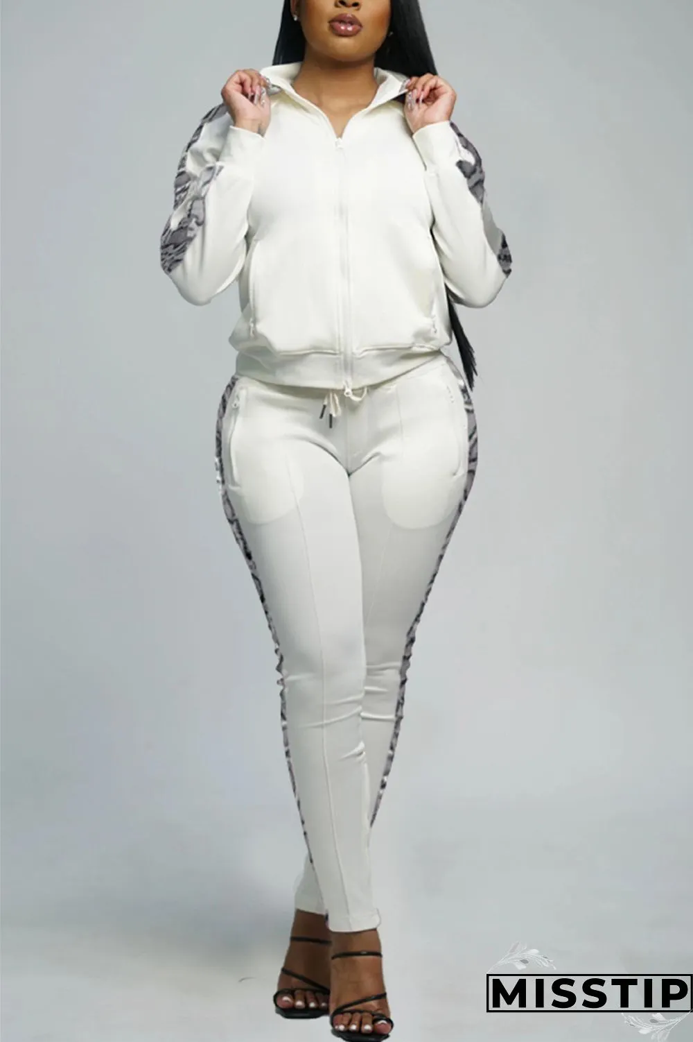 Light Blue Sportswear Solid Patchwork Zipper Collar Long Sleeve Regular Sleeve Regular Two Pieces