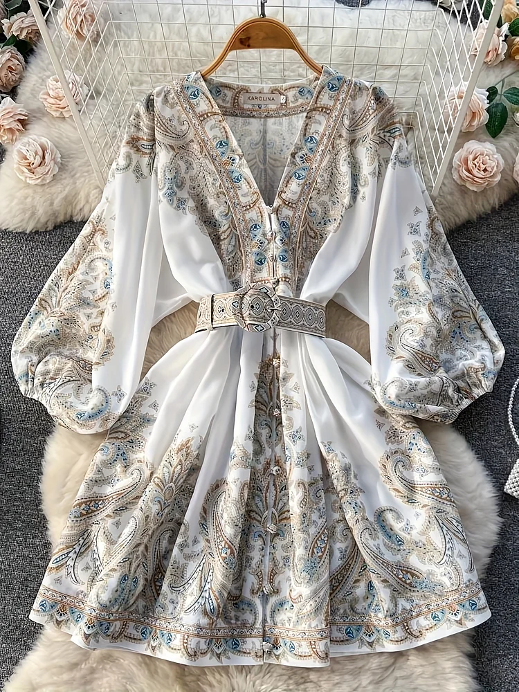 Retro French Print V-Neck Lantern Sleeve Women's Single-Breasted Waist Dress