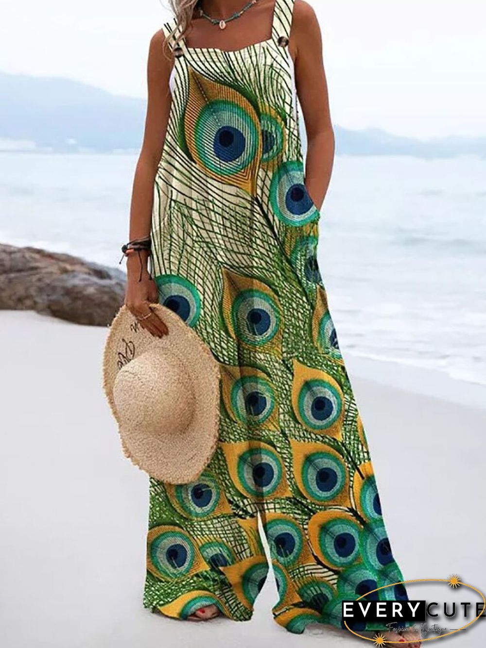 Summer Vintage Print Trousers Jumpsuit Women Casual Sling Sleeveless O Neck Wide Leg Playsuits Fashion High Street Loose Romper