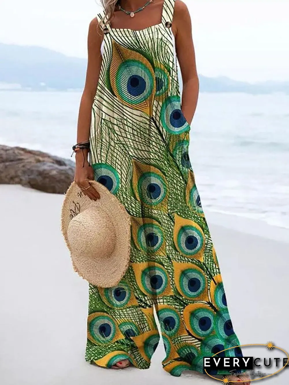 Summer Vintage Print Trousers Jumpsuit Women Casual Sling Sleeveless O Neck Wide Leg Playsuits Fashion High Street Loose Romper
