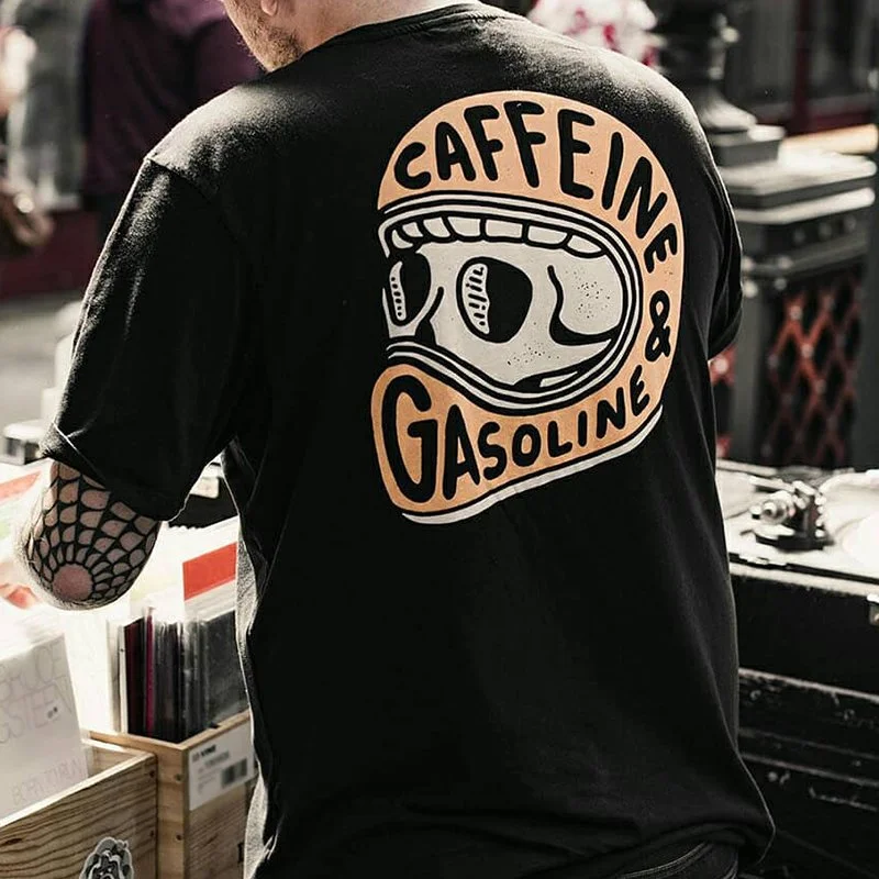 Caffeine & Gasoline Skull Print Black T-shirt、、URBENIE