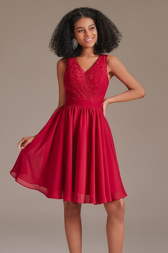 Rot kurz Spitze  Brautjungfernkleid BD0015 Lunass