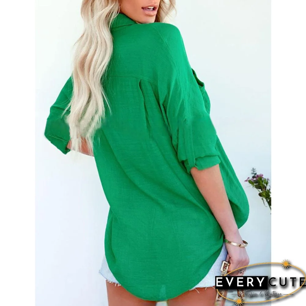 Green Lapel Collar Pocket Button Shirt