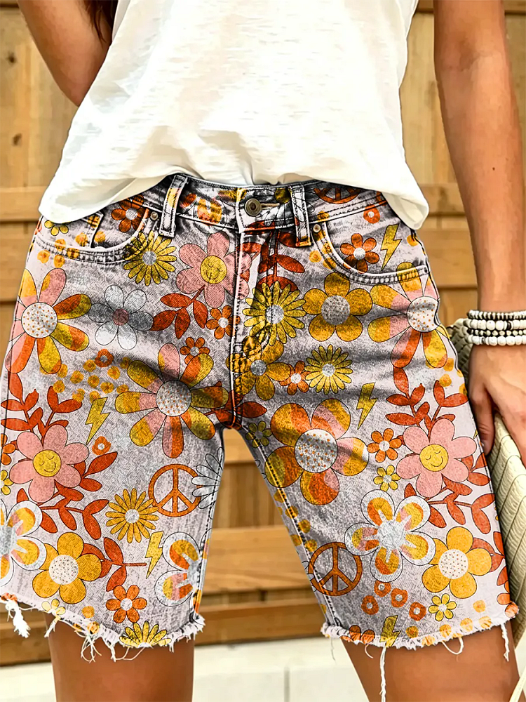 Ethnicity Hippie Flower Smile Face Women's Art Print Casual Denim Shorts