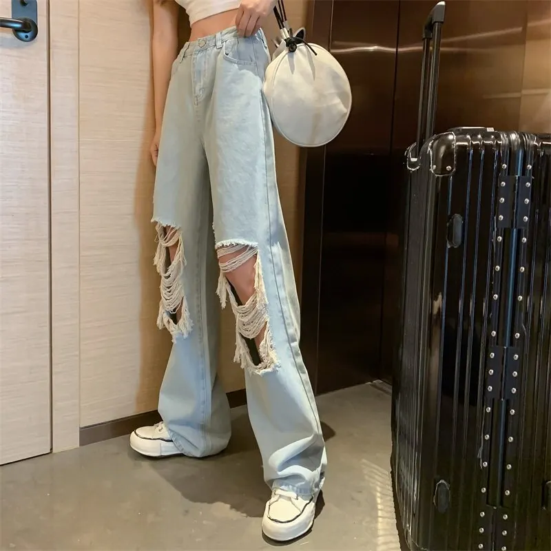 Straight Jeans Women Ripped Hole Japanese Style Chic BF Unisex Streetwear Harajuku Hipster Trendy College Female Bottom Denim