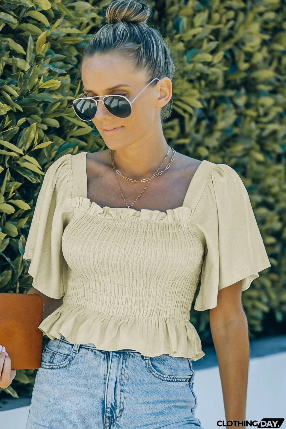 Apricot Butterfly Sleeve Smocked Top with Ruffle