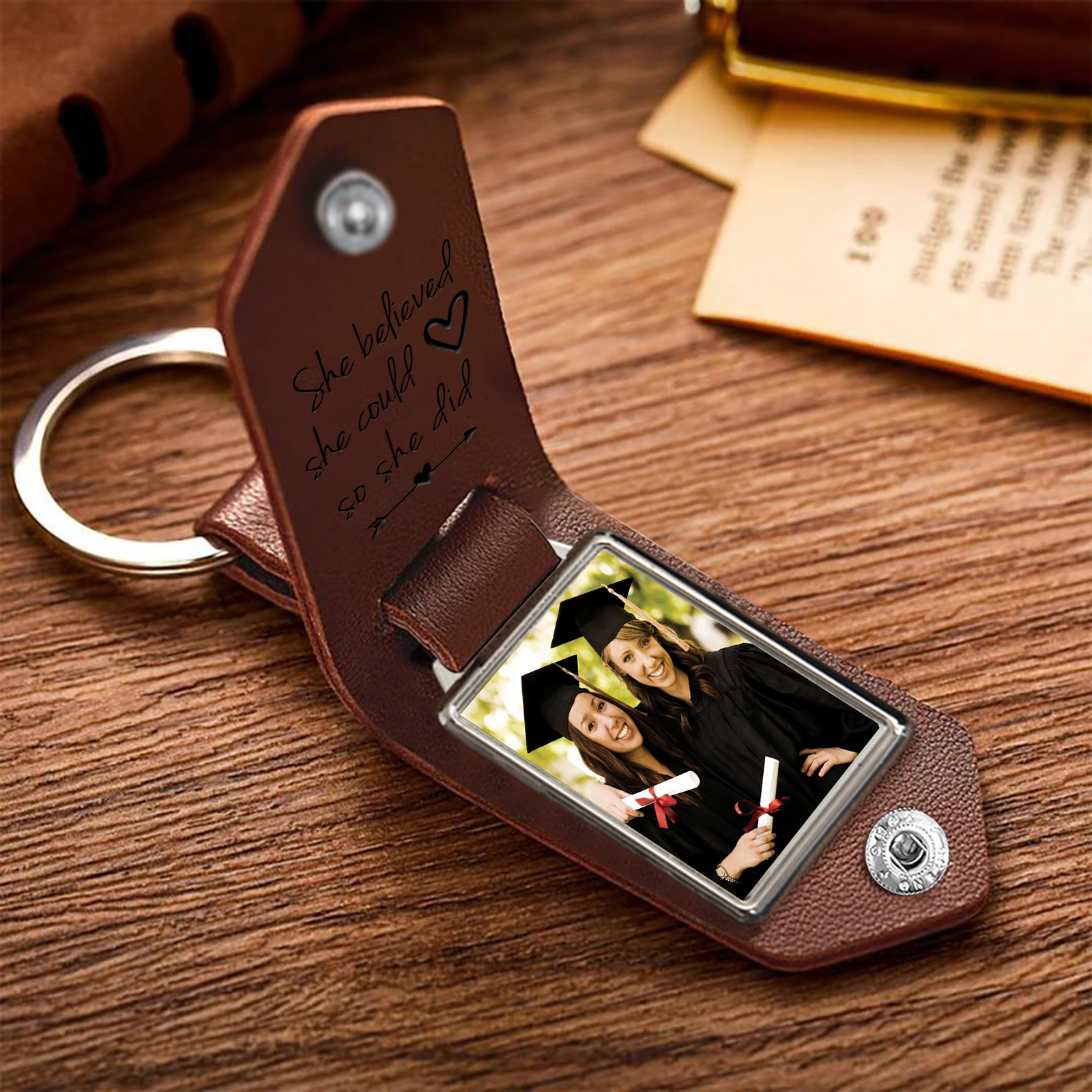 2024 Personalised Graduation Leather Keychain Custom Name & Photo Keychain Graduation Gift - She Believed She Could, So She Did-Jessemade AU