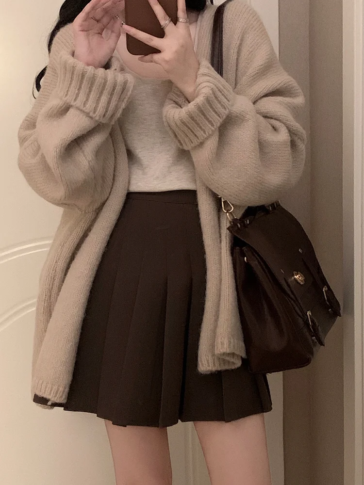 Mongw Autumn Winter Outfits 2 Piece Set Retro Single-breasted Thick Oversize Warm Cozy Cardigan + High Waist Mini Pleated Skirt