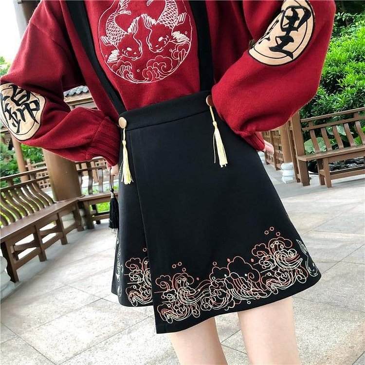 Koi Fish Embroidery Tassels A-line Overalls Skirt SP15696