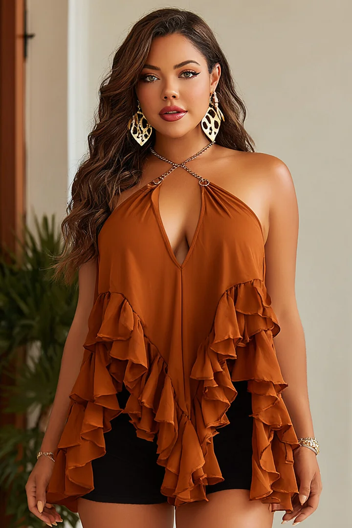 Xpluswear Design Plus Size Vacation Brown Halter Collar Ruffle Asymmetric Hem Irregular Hem Chiffon Tank Tops 2024 - Xpluswear