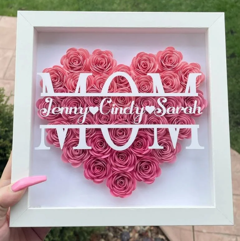 Mom Heart Shaped Monogram Flower Shadow Box - 10*10 Inches