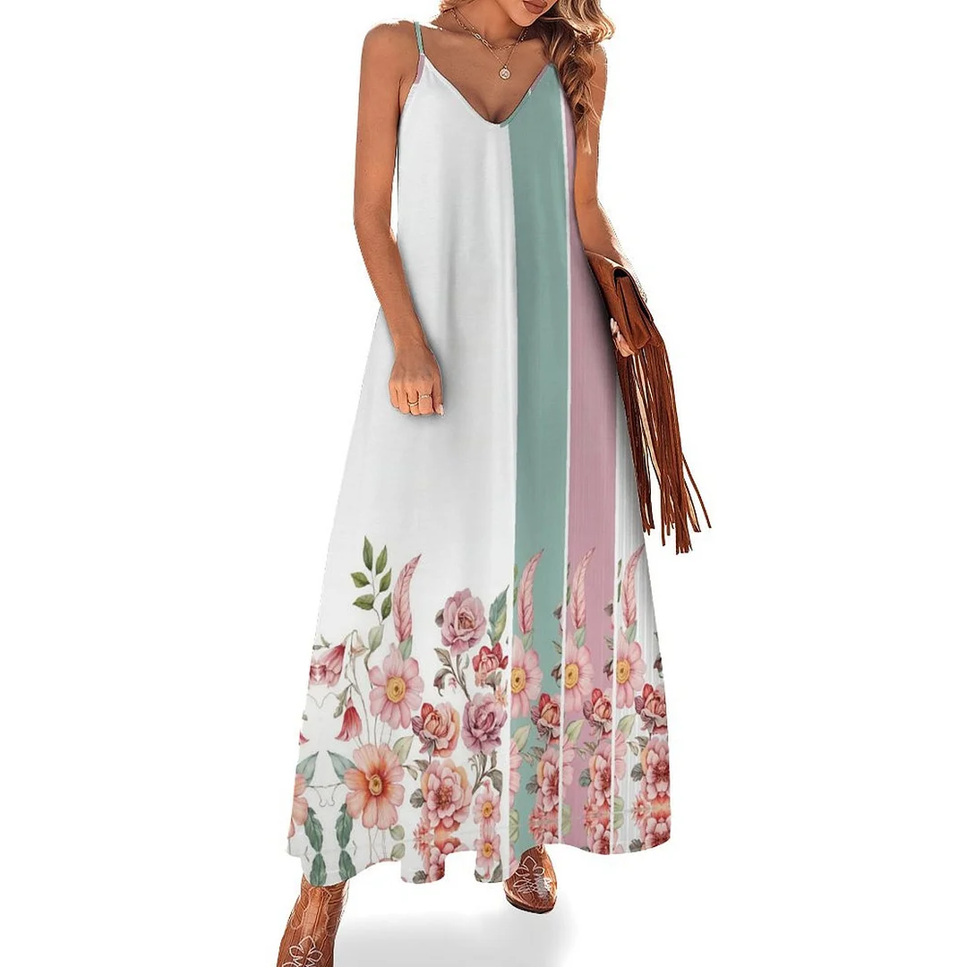 Style & Comfort for Mature Women Plus Size Printed Sling Casual Women Maxi Dress in Pattern Floral, Green, Pink
