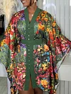 Buttoned Floral Printed Half Sleeves Loose V-Neck Mini Dresses
