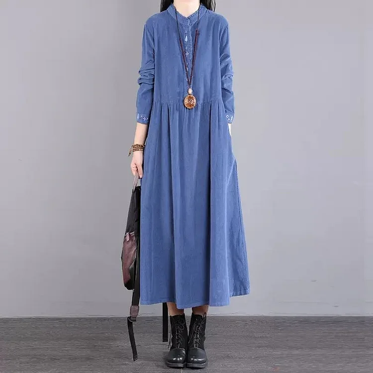 Womens Corduroy Dress Embroidery Floral Pattern Loose Casual Dress