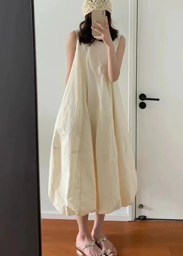 Fitted Beige O-Neck Cotton Lantern Dress Sleeveless