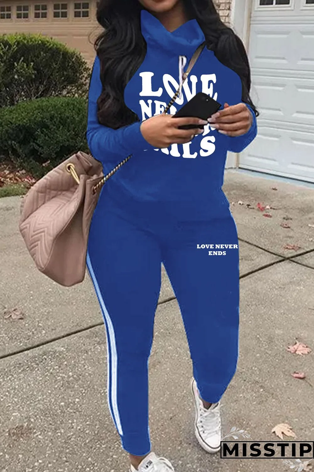 Blue Casual Sportswear Print Patchwork Turtleneck Long Sleeve Two Pieces