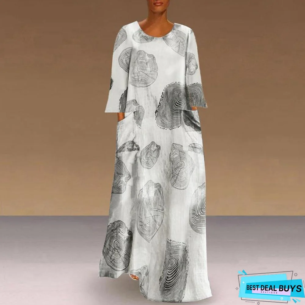 Autumn Women's Print Large Pocket Long Sleeve Casual Retro Dress Black Dresses