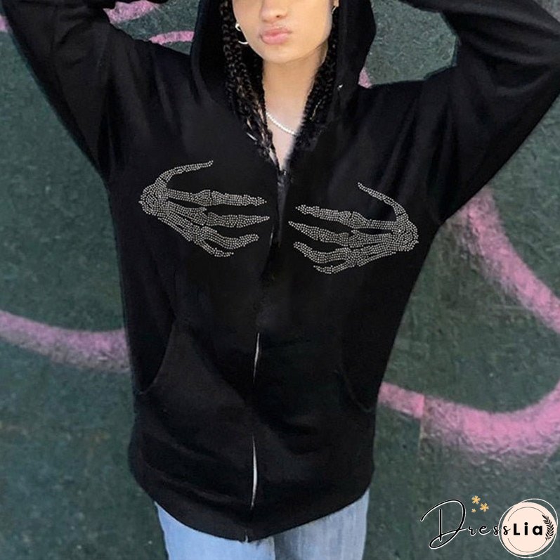 Christmas Gift Goth Skeleton Hand Print Autumn Winter Hoodies Women Zipper Up Harajuku Sweatshirt Gothic Clothes Loose Jacket Coat Hooded