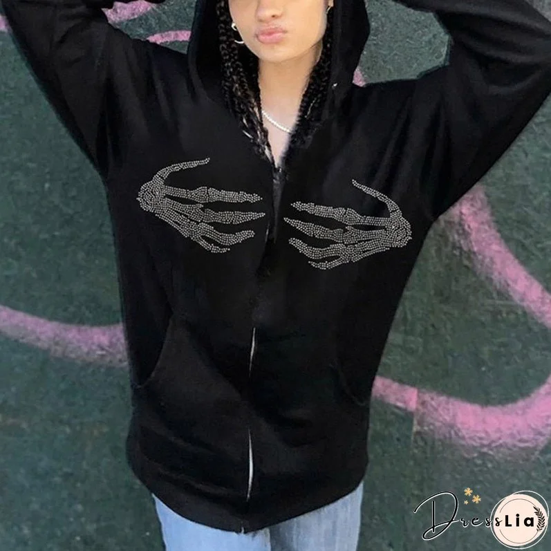 Christmas Gift Goth Skeleton Hand Print Autumn Winter Hoodies Women Zipper Up Harajuku Sweatshirt Gothic Clothes Loose Jacket Coat Hooded