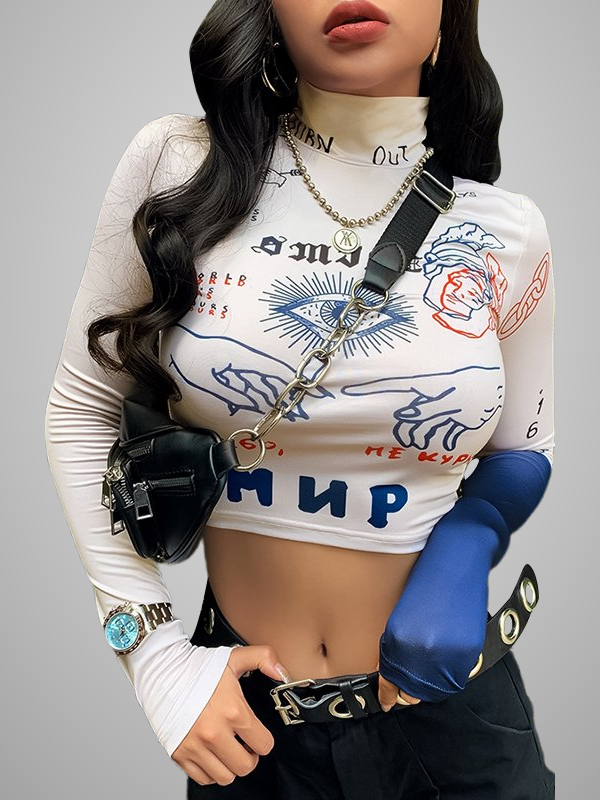 Fashion Print Midriff-baring Turtle Neck T-shirt