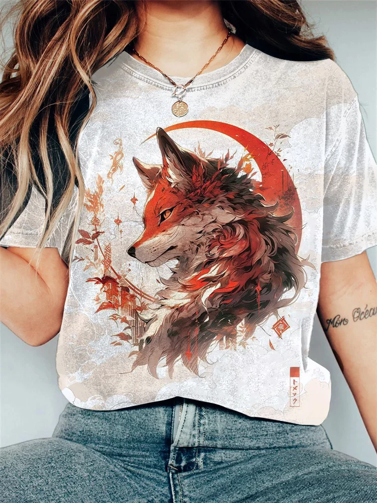 Women's Fantasy Mysterious Fox Demon Art Print Casual T-Shirt