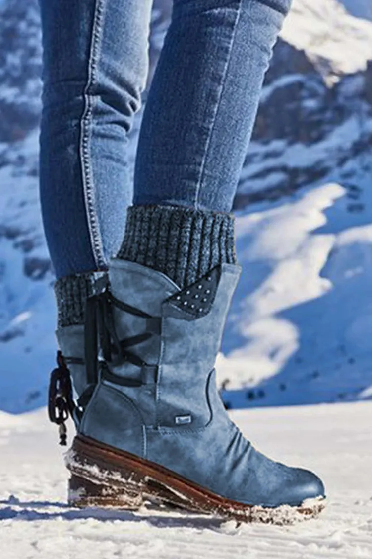 Mid-Calf Knitted Patchwork Lace Up Boots