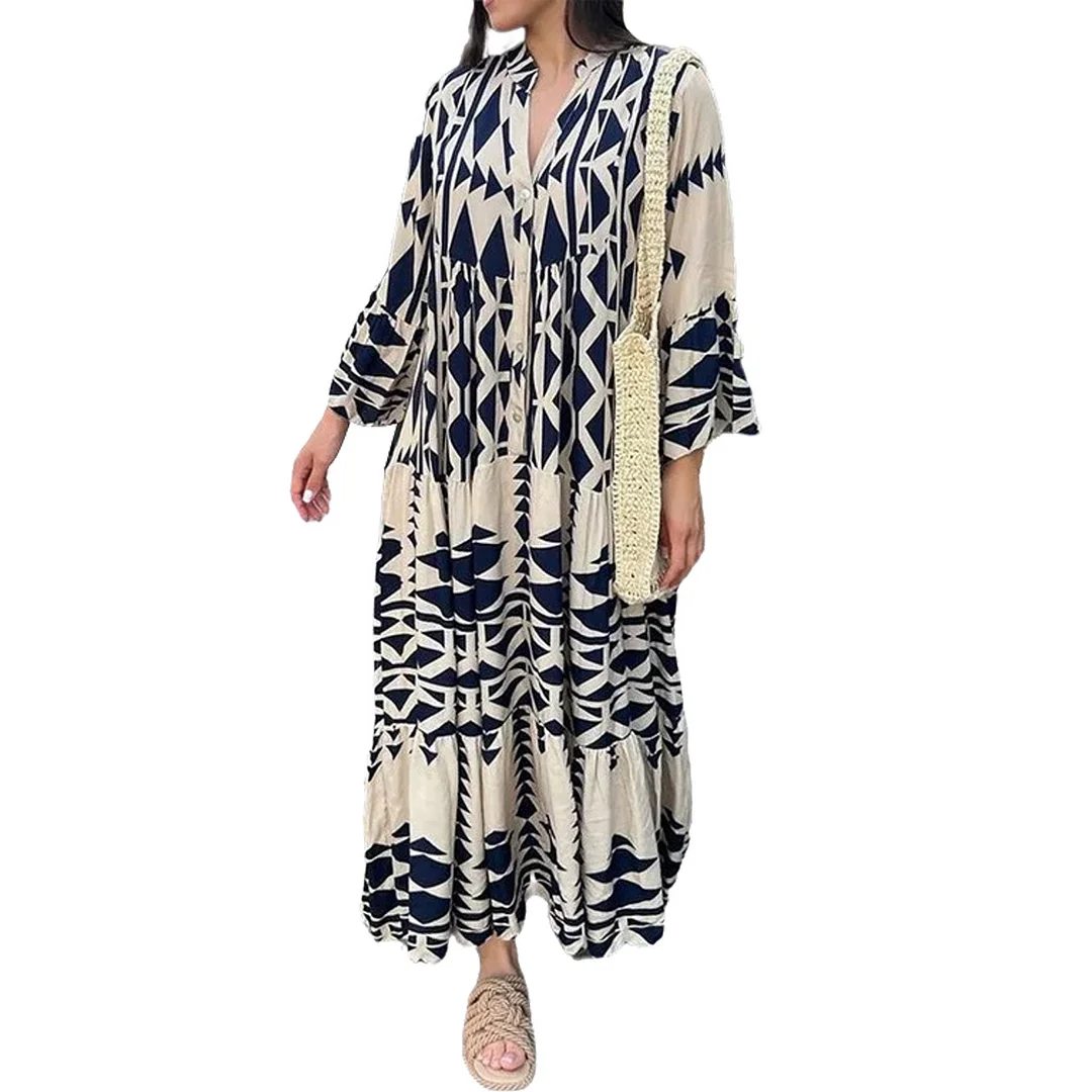 Nigikala Nigikala Large-Size Women's New Temperament Printed Shirt Dress Bohemian Dress
