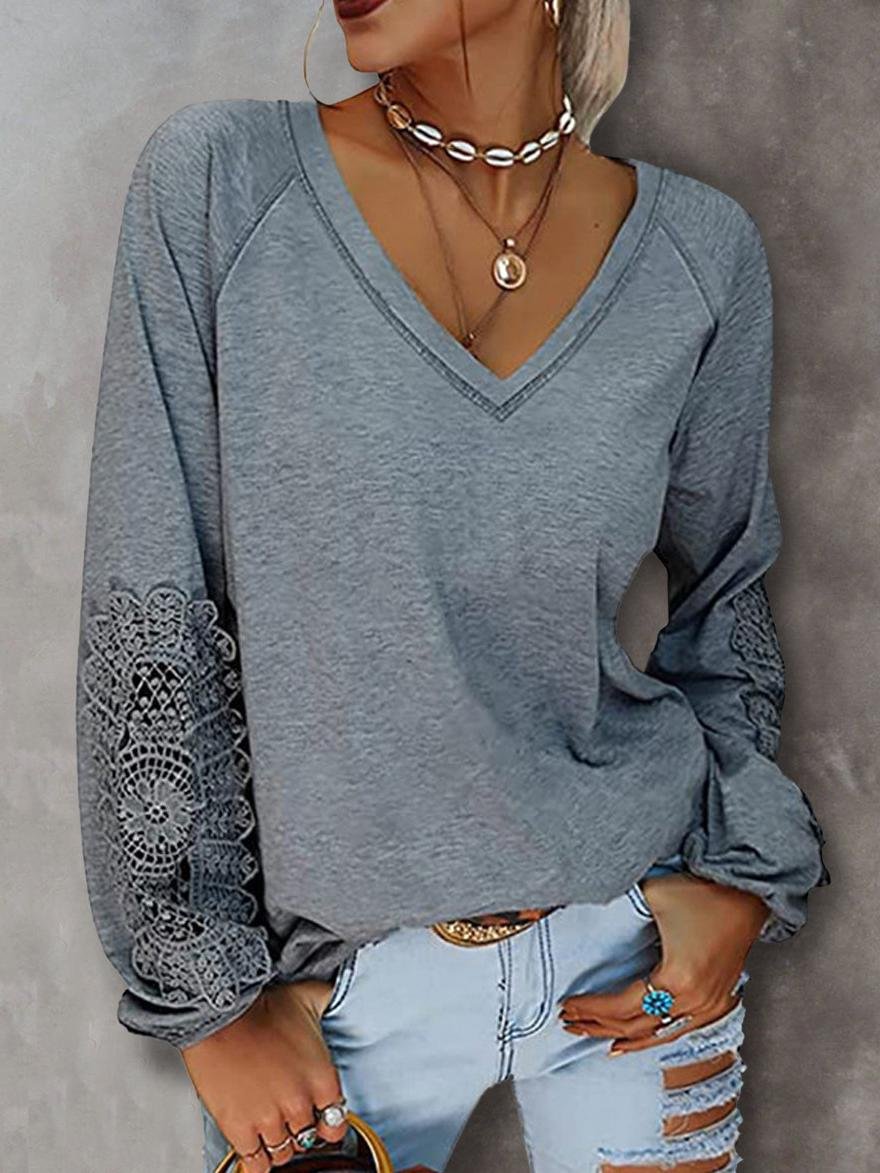 Fall/Winter Solid Color V-neck Stitching Lace Lantern Sleeve T-shirt | EGEMISS
