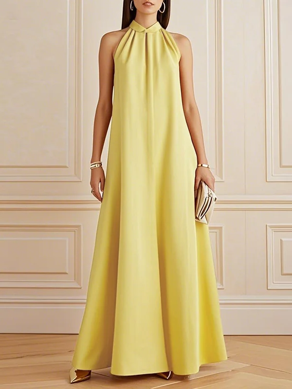 Solid Color Pleated Sleeveless Loose Mock Neck Maxi Dresses