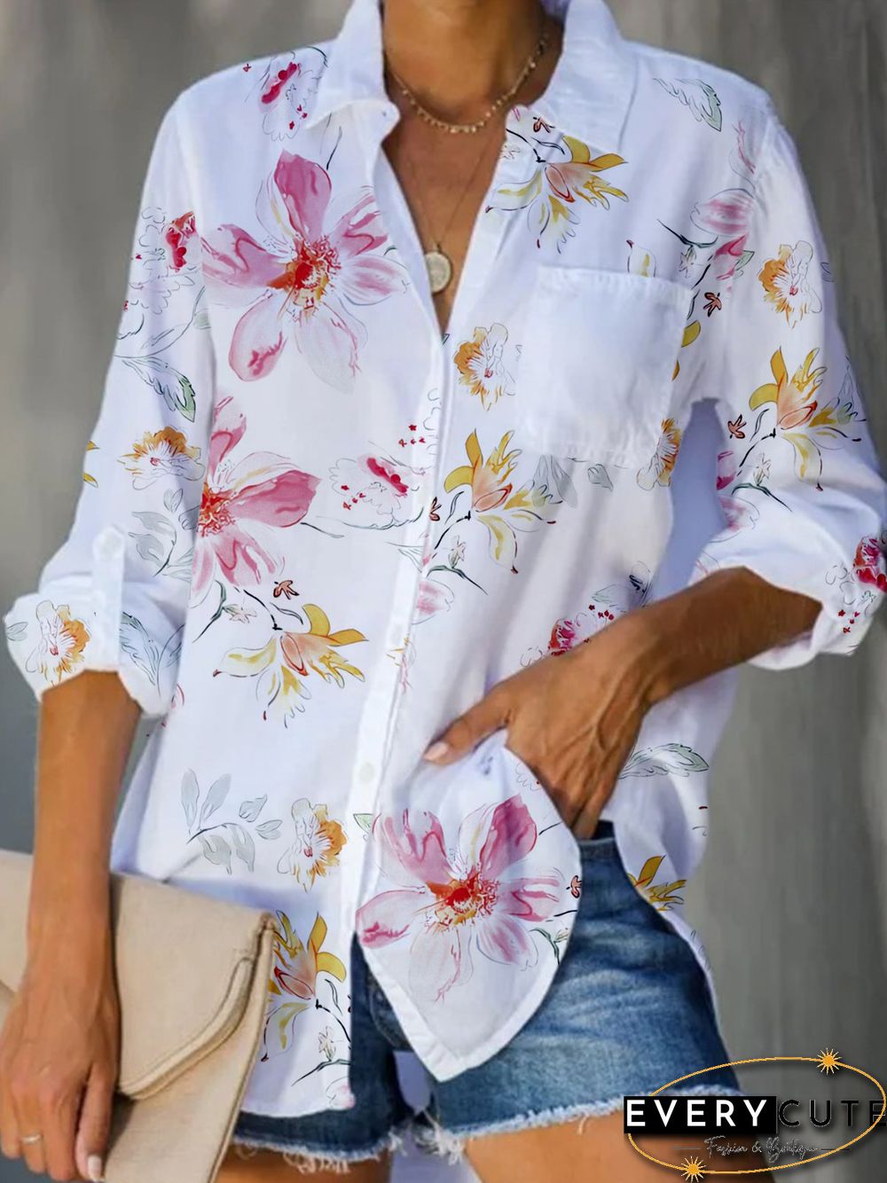 Floral Long Sleeve Pocket Buttoned Plus Size Casual Shirts