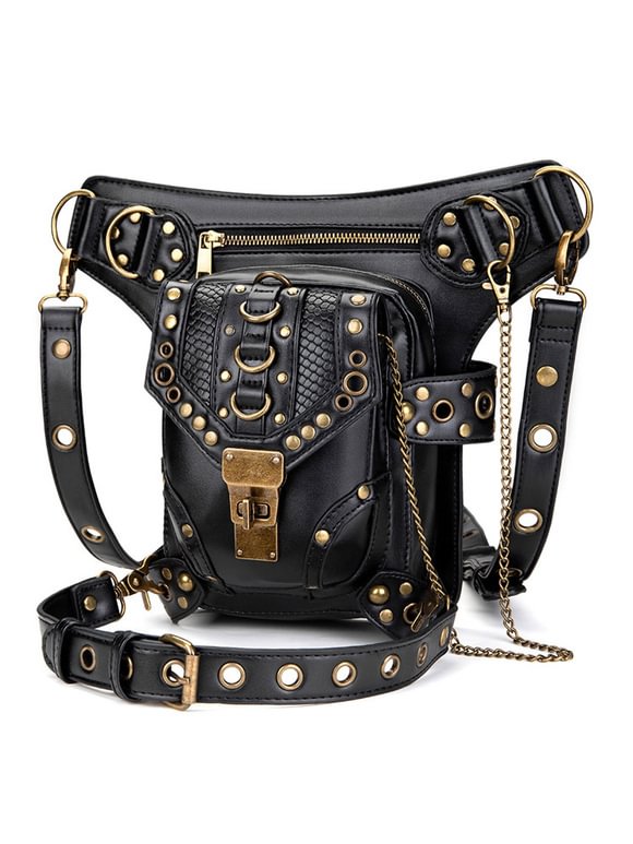 Steampunk Handbag Black PU Leather Metal Details Waist Pack Gothic Bag Novameme