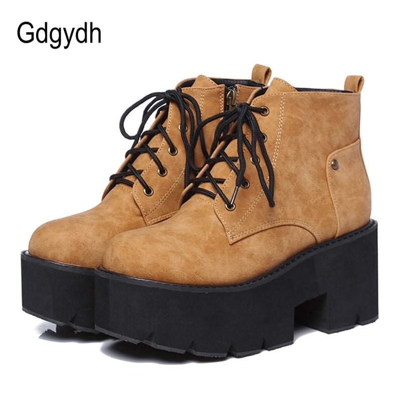 Gdgydh 2021 New Spring Platform Boots Woman Chunky Heel Punk Gothic Boots Lace Black Brown Ankle Boots Women Comfortable Leather