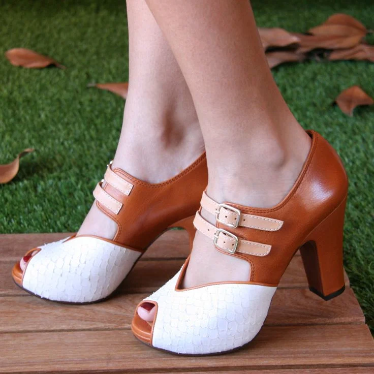 White and Tan Vintage Shoes Peep Toe Chunky Heels US Size 3-15 |FSJ Shoes