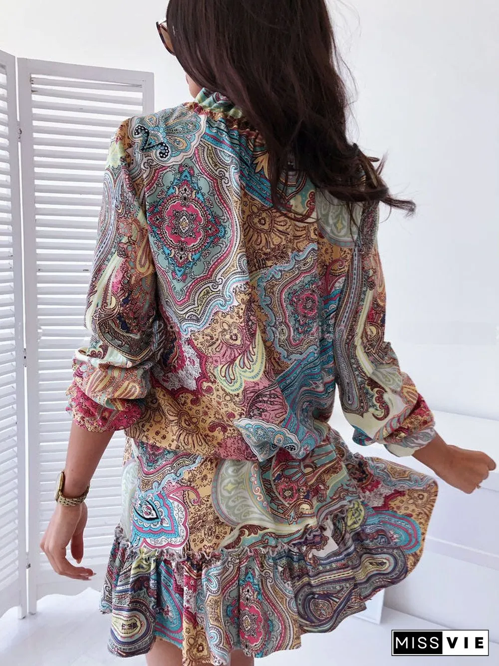 Women's Long Sleeve V-neck Floral Printed Lace-up Midi Dress