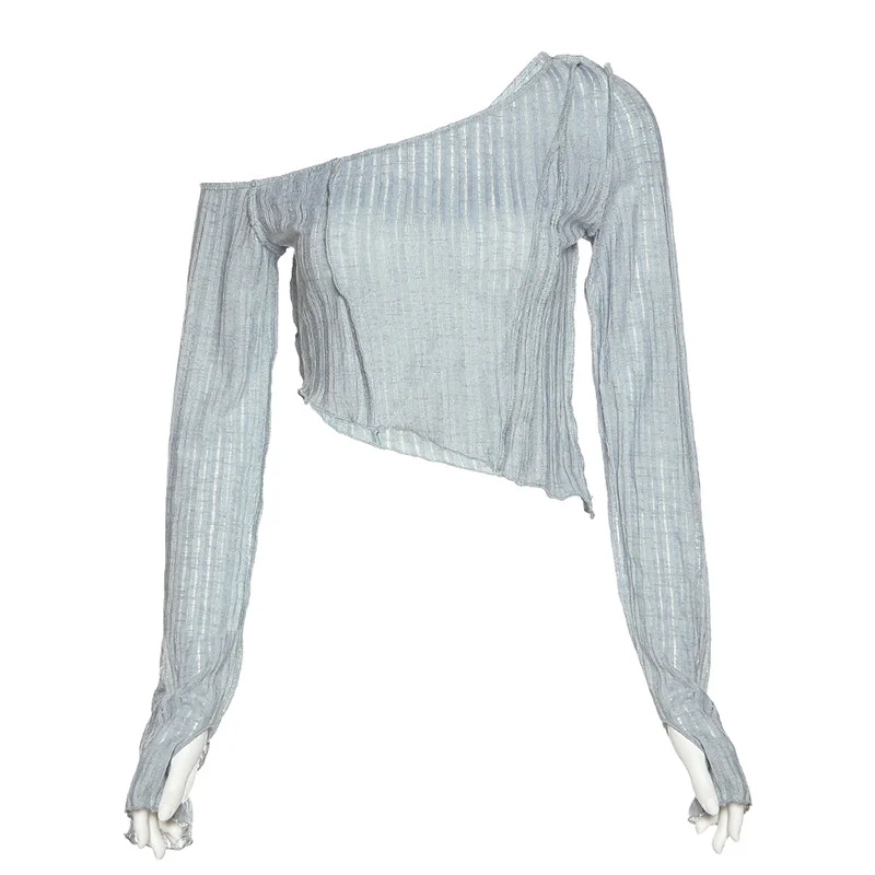 Uveng Autumn 2021 New Women's Solid-Color Fashion Slanted Shoulder Sexy Perspective Long-Sleeved T-Shirt In Wood Ear