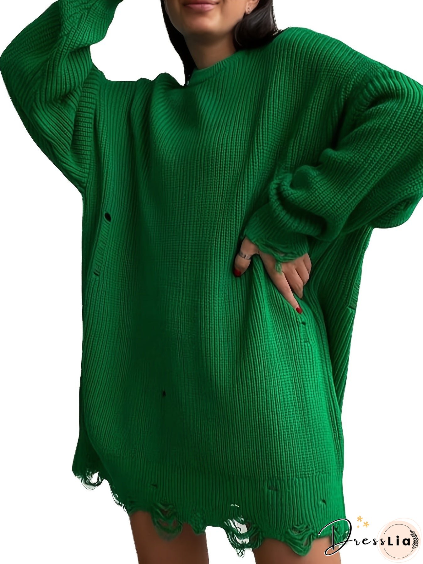 Solid Crew Neck Pullover Sweater, Casual Ripped Long Sleeve Oversized Sweater, Women's Clothing