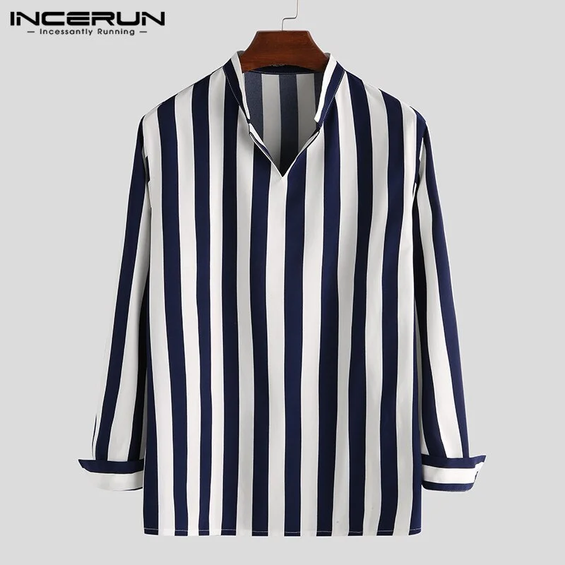 INCERUN Fashion Mens Striped Shirt Loose Breathable V Neck 2022 Streetwear Long Sleeve Casual Brand Shirts Camisas Hombre S-5XL