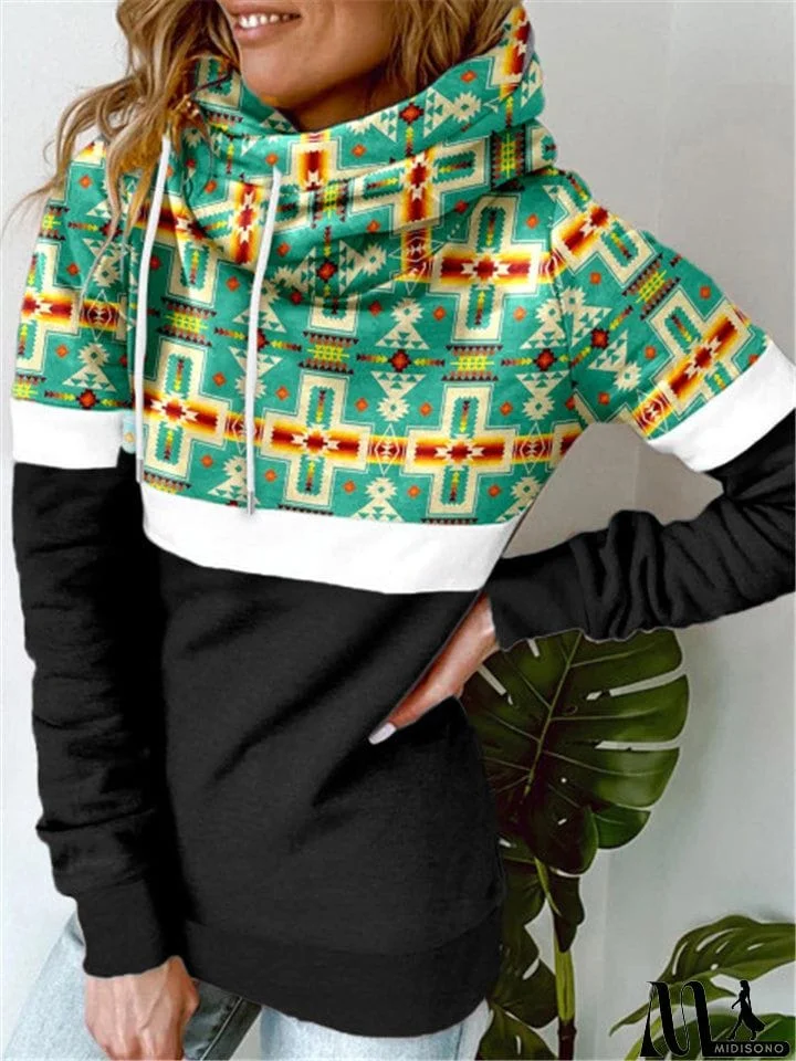 New Geometric Pattern Patchwork Turtle Neck Hoodies