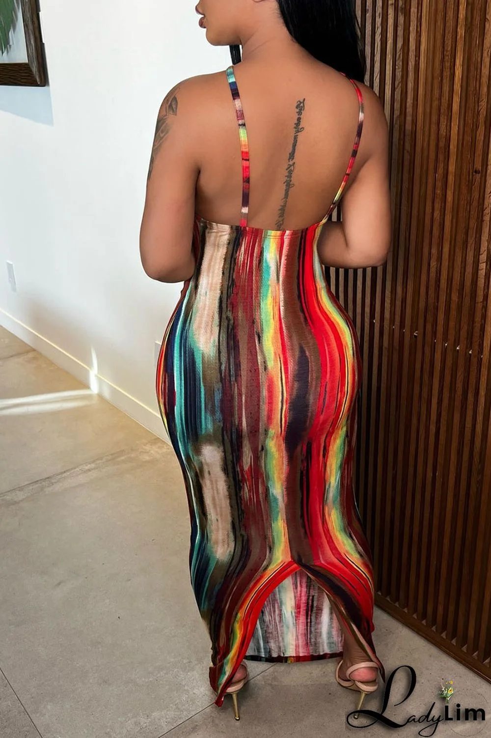 Red Sexy Print Split Joint Slit Spaghetti Strap One Step Skirt Dresses