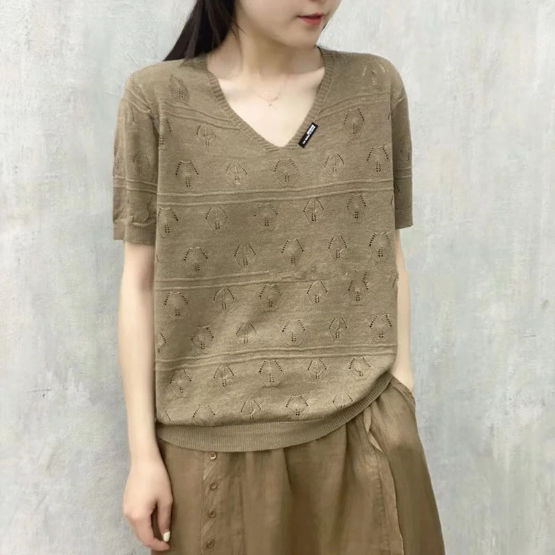 Churchf Churchf Summer Solid Color Loose Short-Sleeved Bottom Shirt Literary Casual Jacket V-Neck Knit T-Shirt Women