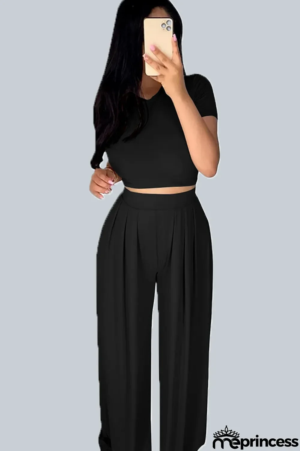 Black Casual Polyester Solid Split Joint O Neck Short Sleeve Short Two Pieces