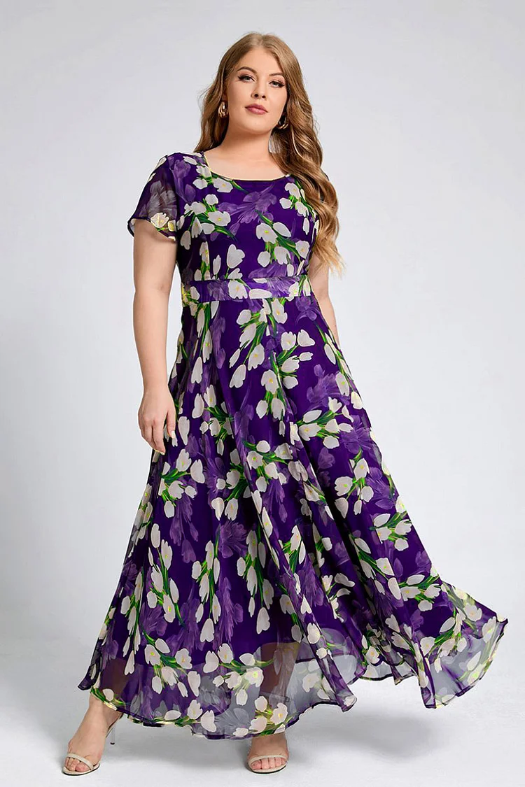 Plus Size Casual Purple Floral Print Short Sleeve A Line Tunic Maxi Dress