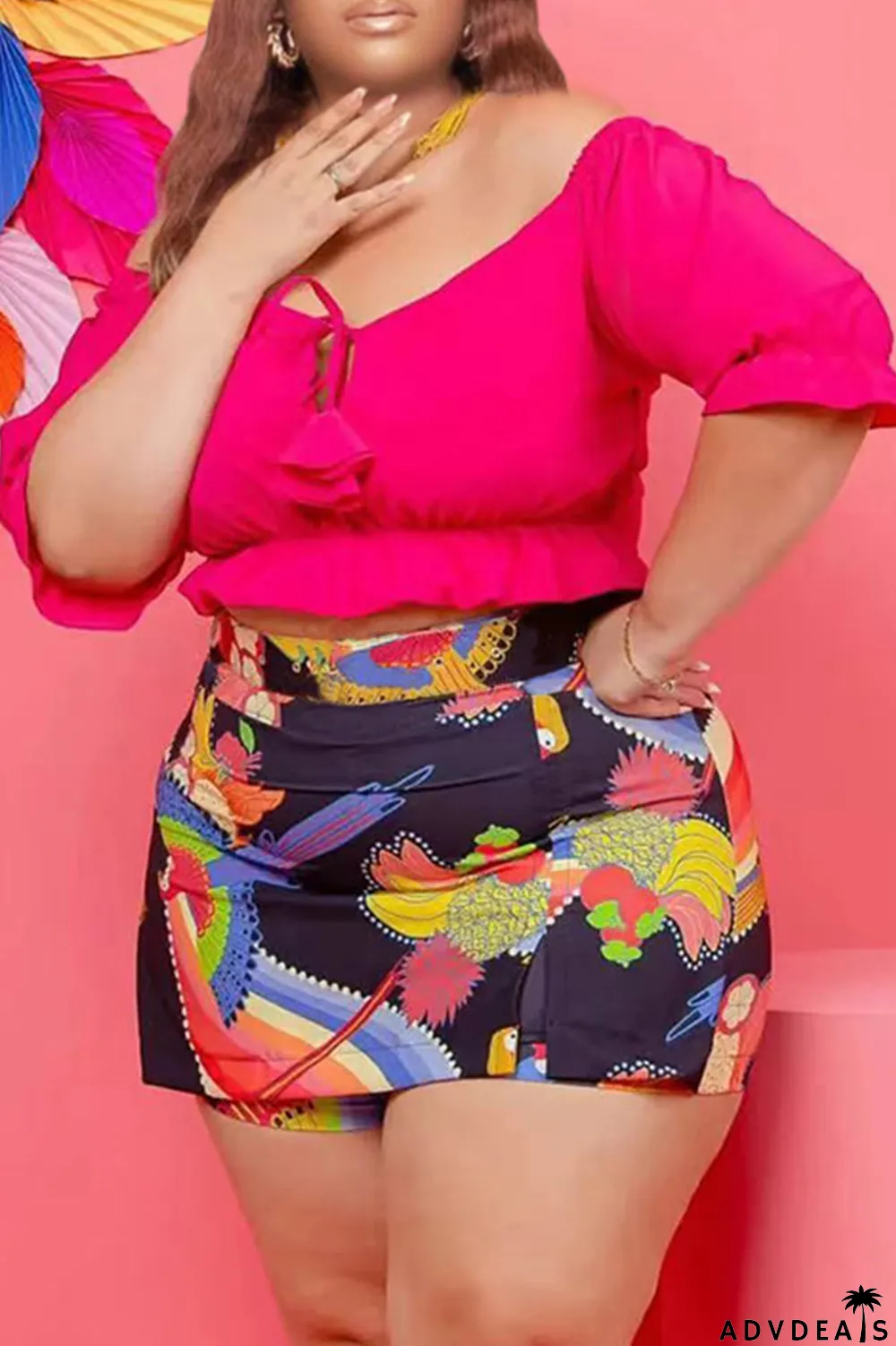 Orange Sexy Print Patchwork Off the Shoulder Plus Size Two Pieces