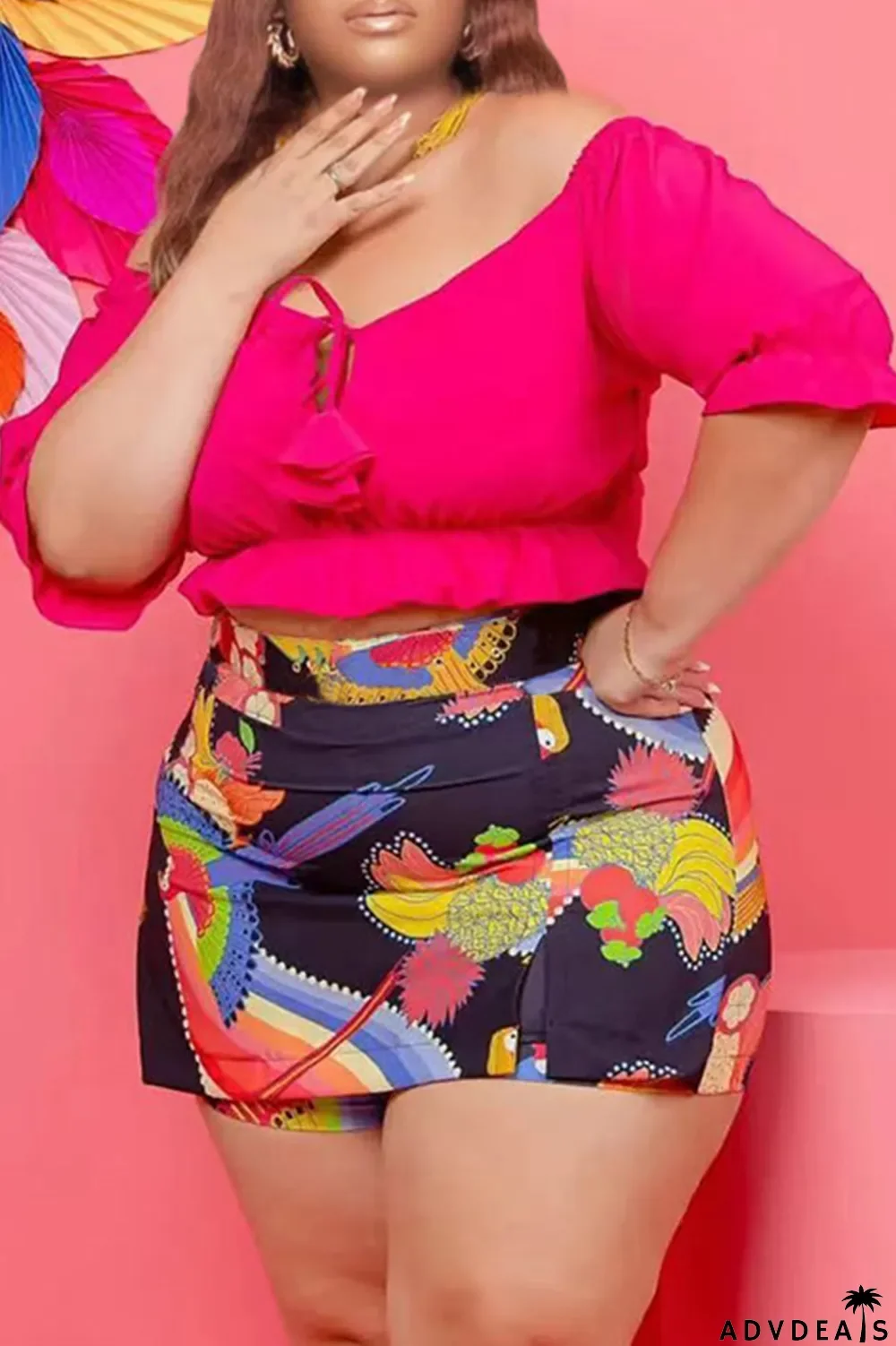 Orange Sexy Print Patchwork Off the Shoulder Plus Size Two Pieces