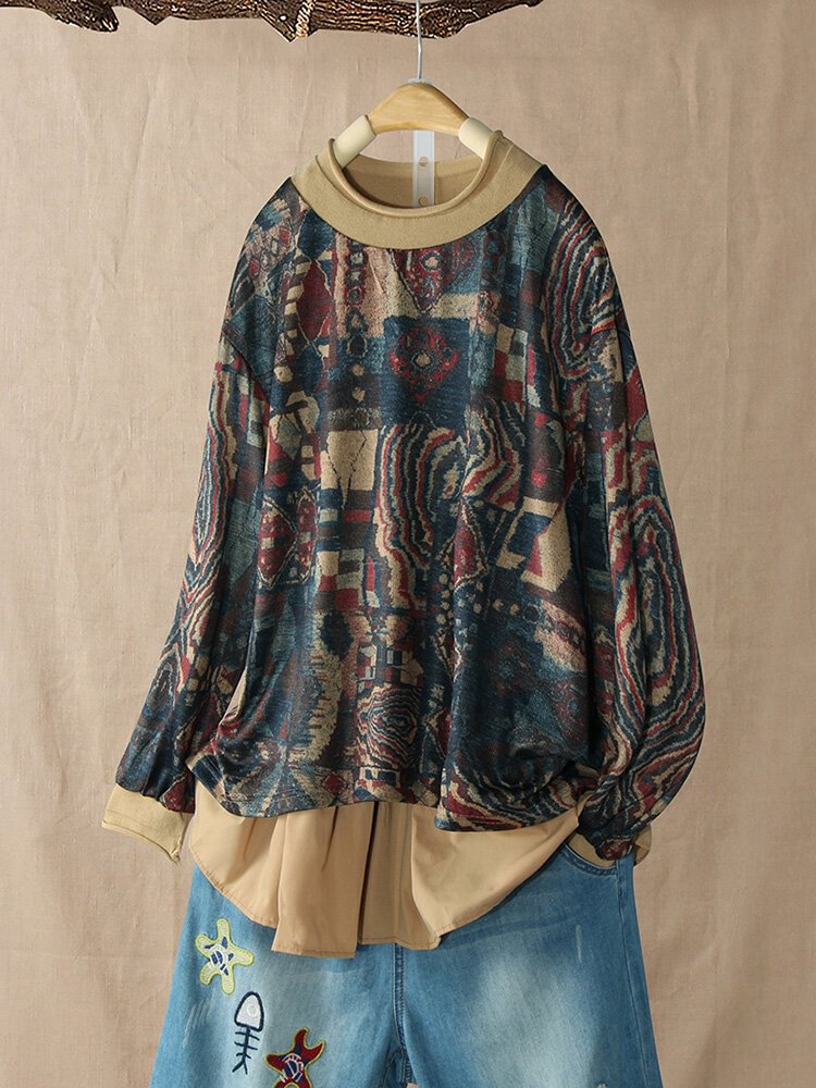 Ethnic Print Fake Two Pieces Long Sleeve Blouse P1554997