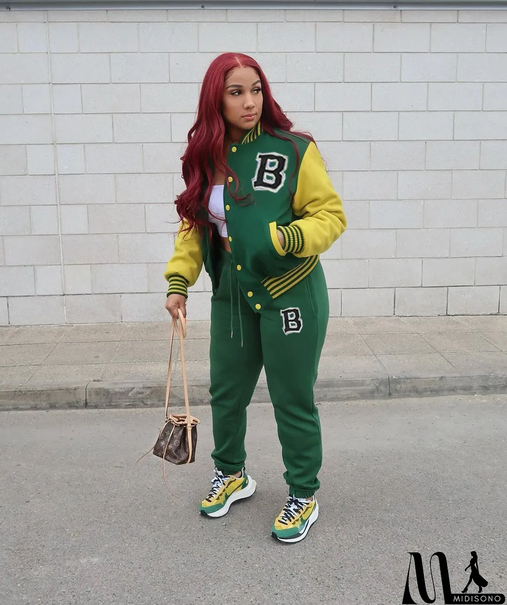MidiSono - Women Letter Baseball Jacket and Pant Two-Piece Set