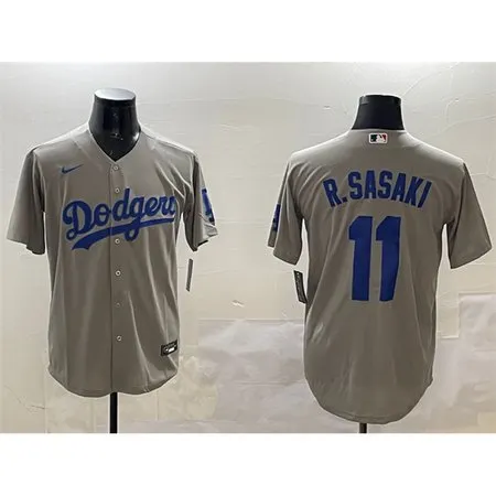 Men's Los Angeles Dodgers #11 Roki Sasaki Grey Cool Base Stitched Baseball Jersey O9Z7