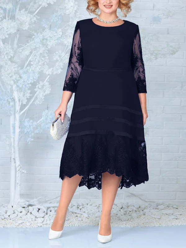 Satin Chiffon Elegant Lace Long Sleeve Women's Dress
